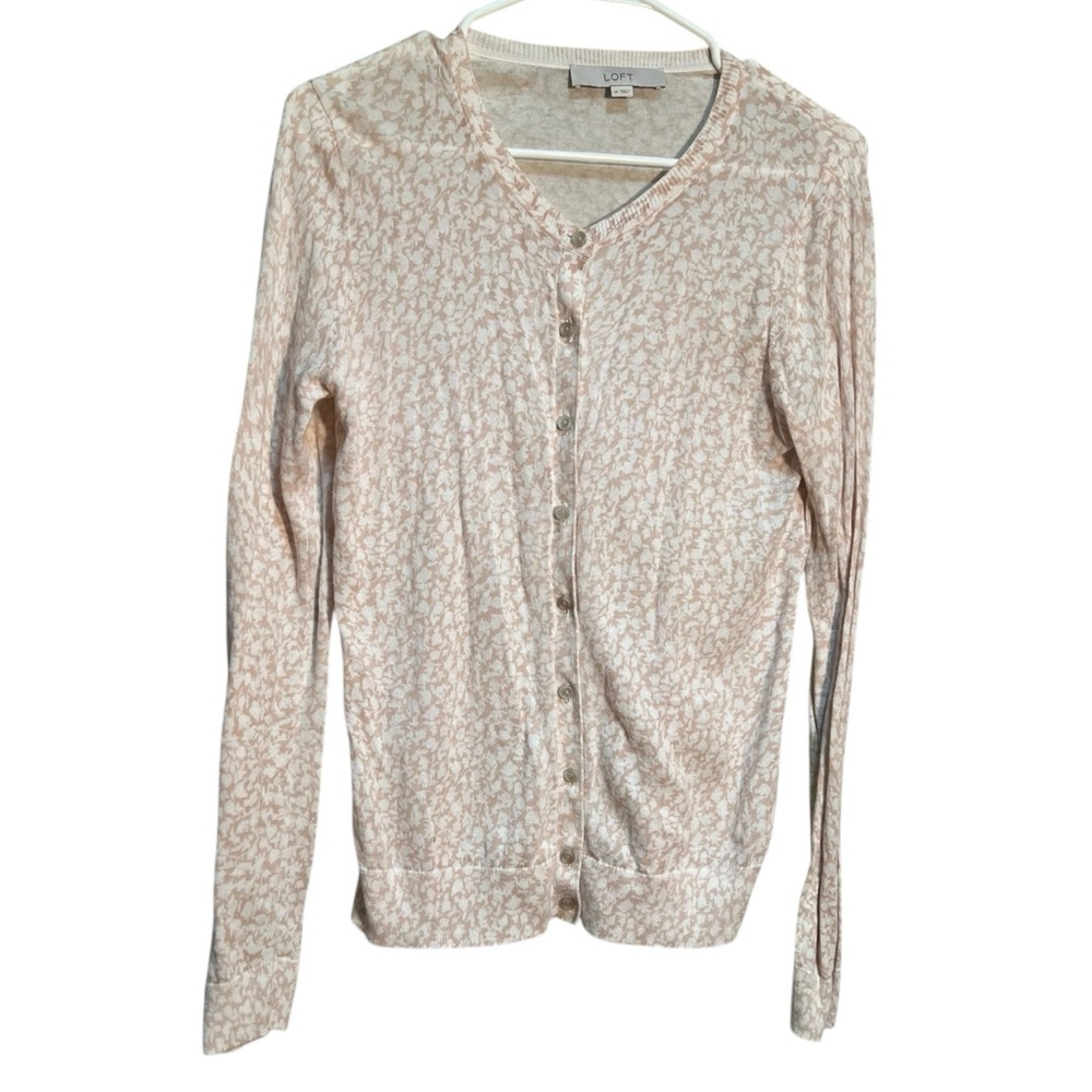 Loft Women's Size Medium Cardigan Sweater Beige White Floral Lightweight Cotton